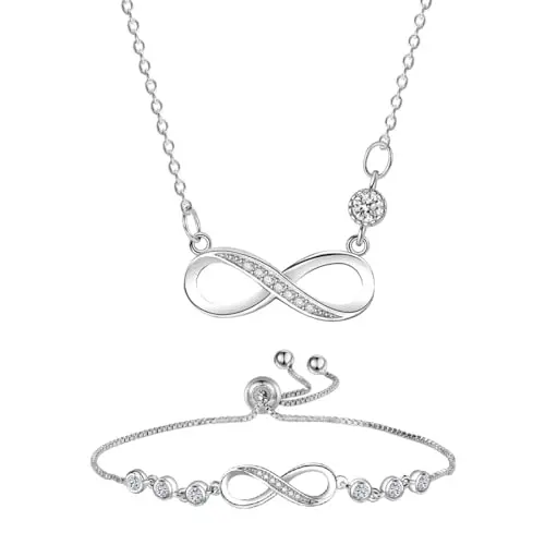 TNSRAY Damen Armkette und Halskette mit Infinity Symbol Anhänger in Silber - Schmuckset für Frauen und Mädchen