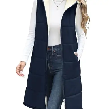 Damen Steppweste mit Kapuze, lang, warm, gefüttert, Freizeit, Übergang, dunkelblau