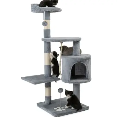 lionto Kratzbaum für Katzen, 112 cm hoch, mit Plüschbällen, Spielseil, Liegefläche & Höhle, hellgrau
