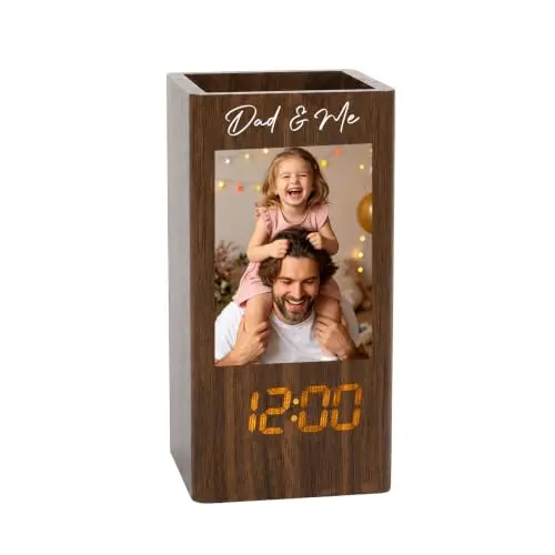 Personalisierte Foto-Tischuhr mit Stiftehalter, Name oder Initialen (Braun)