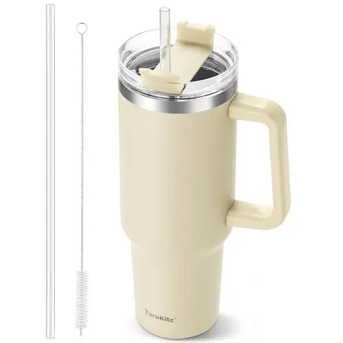 TaroKitc 1.18 l Thermobecher mit Griff und Strohhalm - Edelstahl-Isolierflasche für heiße und kalte Getränke (Beige)