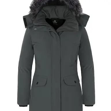 Wantdo Damen Wintermantel Lange Pufferjacke mit abnehmbarer Kapuze - Mittelgrau, Größe L