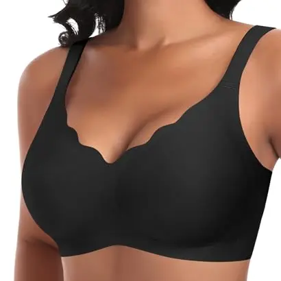 Damen BH ohne Bügel, tiefem V-Ausschnitt, push-up, bequem - Schwarz (M)