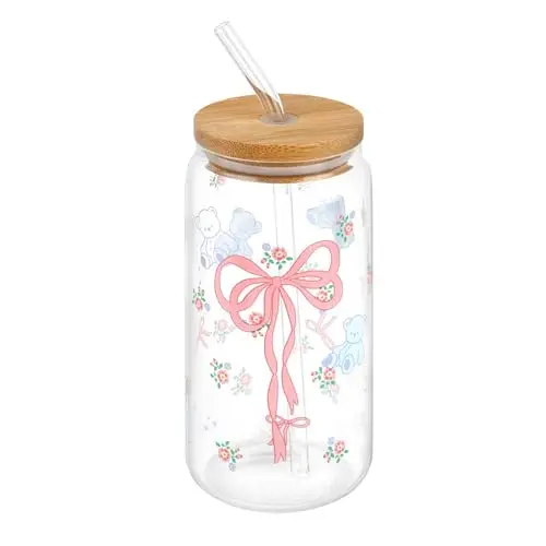 KILDOWS 16 oz Trinkglas mit Deckel, Strohhalm, niedliches Bären- und Schleifendesign – Perfekt für Kaffee und Geschenke