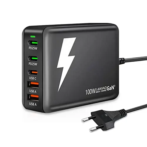 LAMJAD 100W USB C Ladegerät, 5 Port Schnellladegerät für iPhone 15/14/13/12, iPad Pro, Galaxy S22/S21, Pixel (Schwarz)