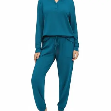 Bresdk Damen Pyjama Lang mit Knöpfen - Kuscheliger Hausanzug in Hellblau, Größe S