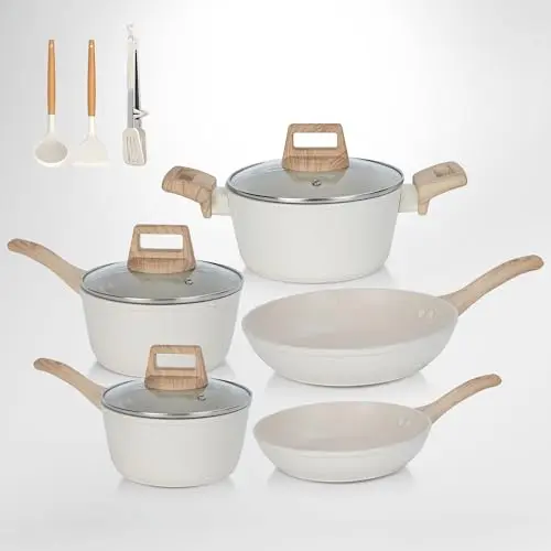 SHEUMNT 11-teiliges Antihaft-Topf- und Pfannenset, weißes Granit-Induktionskochgeschirr-Set mit Pfannen und Kasserollen