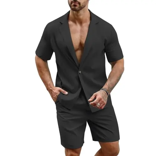 EDITCOZY Herren Hawaiihemd Set Kurzarm Strand Outfit 2-teilig Schwarz 2XL