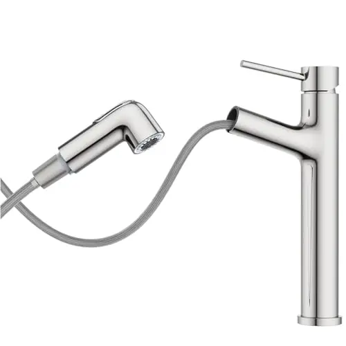 HURRAN Bad Wasserhahn - Ausziehbare Waschtischarmatur mit 2 Auslaufvarianten, Einhebelmischer aus Edelstahl