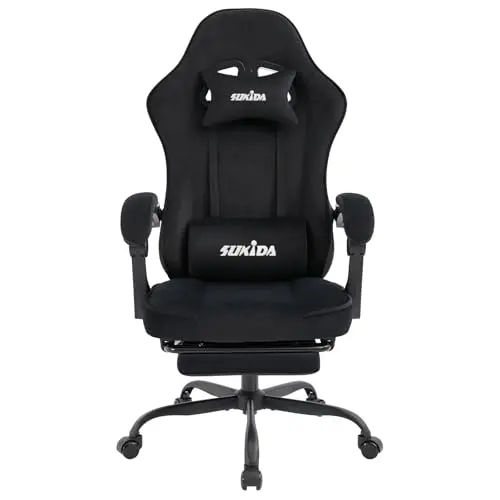 SUKIDA Gaming Stuhl Stoff, ergonomischer Racing-Computerstuhl mit Fußstütze und Lordosenstütze, schwarz