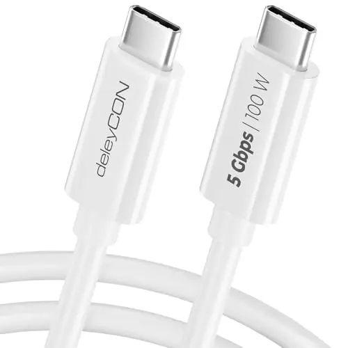 deleyCON 0,5m USB C Kabel - 100W Schnellladung & 5 Gbit/s Datenübertragung für iPhone, Galaxy, iPad Pro, MacBook, Switch - Weiß