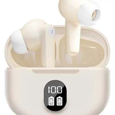 Drahtlose Bluetooth 5.3 HiFi Stereo In-Ear Kopfhörer mit LED-Bildschirm, IP6 wasserdicht, für iOS/Android (Beige)