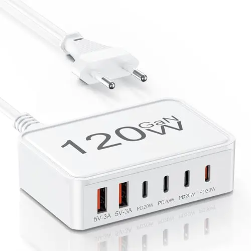 120W USB-C Ladegerät mit 4 Ports, Tragbares Schnellladegerät für iPhone, iPad und Samsung