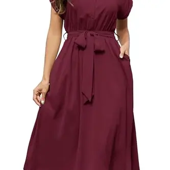 Cassiecy Strandkleid Damen, knielang, mit Kurzarm und V-Ausschnitt (Weinrot)