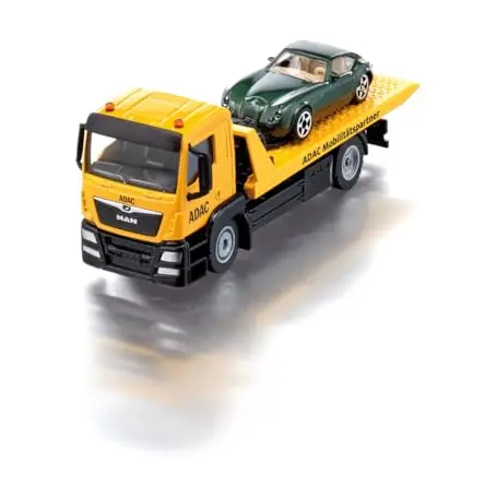 Siku 2722 MAN Abschleppwagen ADAC mit Spielzeugauto, 1:55, Gelb, mit Seilwinde und Transportplattform