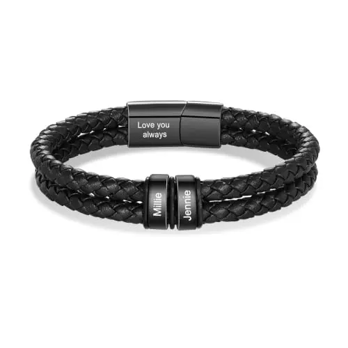 Personalisiertes Herrenarmband aus PU-Leder mit Namen, geflochtenes Edelstahl-Doppellagiges Armband für Papa – Vatertag, Weihnachten, Name 2
