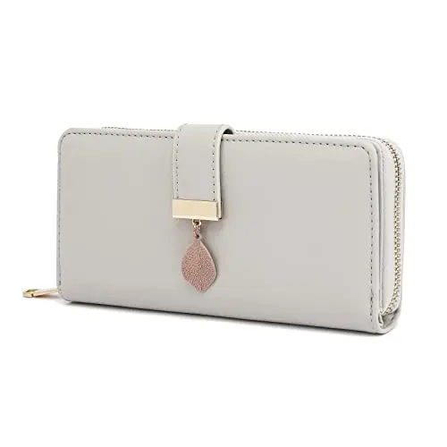 TANTOMI Damen Geldbörse, Portmonee aus glattem Synthetikleder, mit vielen Fächern, Hellgrau