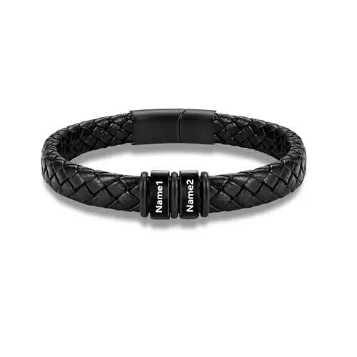 Personalisierbares Herrenarmband aus PU-Leder mit gravierten Edelstahl-Namensperlen – ideal für Männer, Ehemann, Vater, Freund, Partner zum Geburtstag, Jahrestag, Vatertag oder Weihnachten (2 Namen)