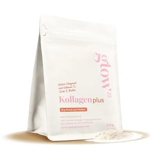 Glow25® Collagen Plus - Kollagenpulver mit Vitamin C, Zink und Biotin - Gute Löslichkeit - Neutral