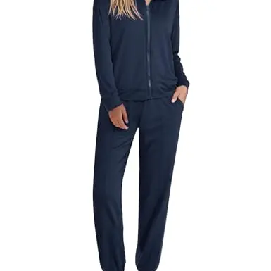 Terecey Damen Jogginganzug Set - Lässiger Sportanzug mit Reißverschluss und Kordelzug - Navy Blau