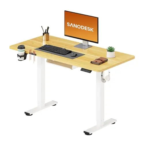 SANODESK Höhenverstellbarer Schreibtisch 110×54 cm – Kompakter Stehtisch ideal für kleine Räume, leise mit Anti-Kollisions-Schutz (Ahorn)