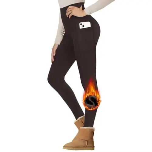 Gayhay Damen Thermo Leggings mit Taschen - Warme, blickdichte High Waist Sporthose in Braun, Größe 2XL