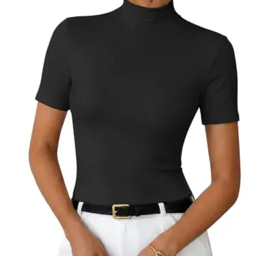 Cuptacc Damen Basic T-Shirt mit Rollkragen, kurzarm, Schwarz