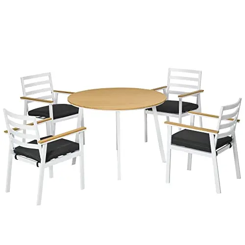 Outsunny 5-teiliges Gartenmöbel-Set mit Tisch und 4 Stühlen, inkl. Sitzkissen, Alu und Teak, für Terrasse und Balkon