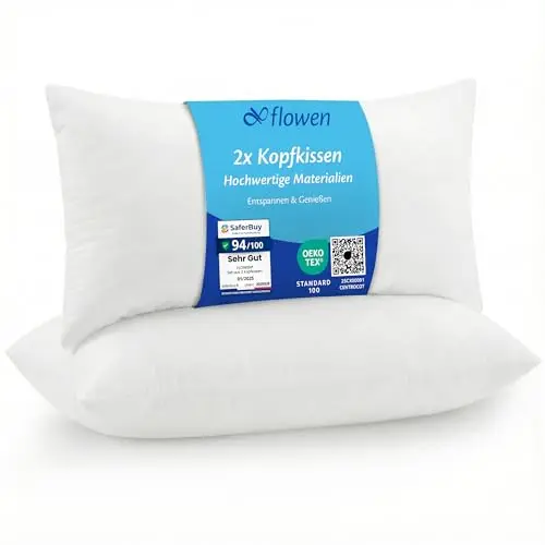 Flowen Kopfkissen 40x80 cm, 2er Set, hypoallergen und weich, mit gesteppter Bezug aus 100% Polyester