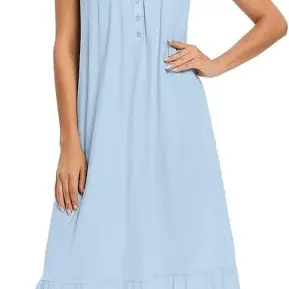 Ekouaer Damen Nachthemd Sexy Baumwolle Negligee mit Taschen Blau XXL