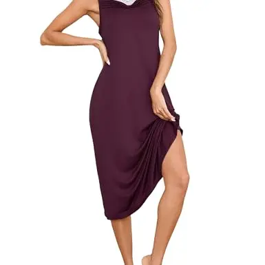 Bresdk Damen Nachthemd Kurzarm Sommer Schlafshirt Ärmelloses Nachtkleid Purpurrot M