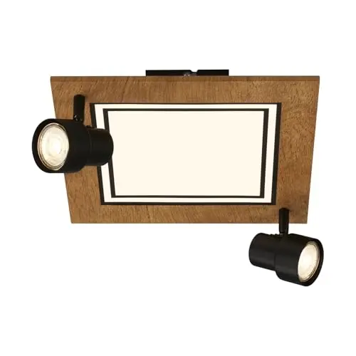 BRILONER LED-Deckenlampe mit Spots, warmweiß, schwenkbar, Holz-Design, 12W, 295x295x155 mm, mit Speicherfunktion
