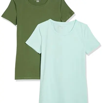 Amazon Essentials Damen T-Shirt mit kurzen Ärmeln und Rundhalsausschnitt, 2er-Pack, Armeegrün/Minzgrün, L