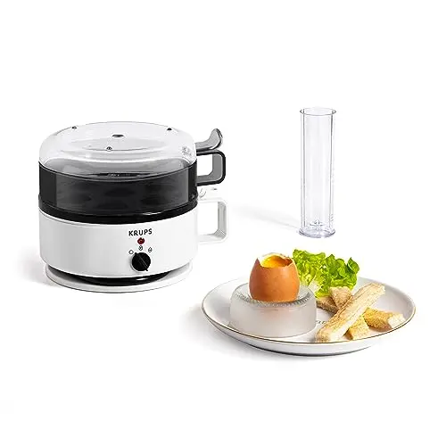 Krups Ovomat Eierkocher für 7 Eier mit Koch- und Warmhaltefunktion, inkl. Wasserbecher, BPA-frei, Weiß/Schwarz