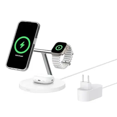 Belkin BoostCharge Pro 3-in-1 Qi2 kabelloses Ladegerät, MagSafe-kompatibel, für iPhone 17, Apple Watch, AirPods, weiß