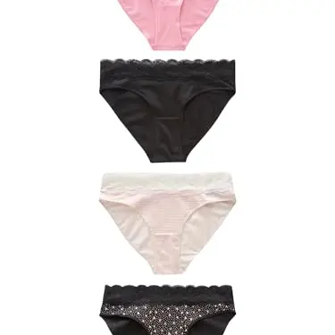 NEXT Damen Hüfthohe Baumwollslips mit Spitzenbesatz, 4er-Pack