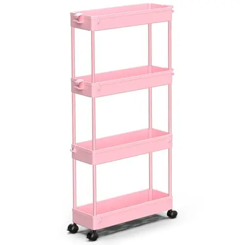 SPACEKEEPER Rollwagen mit 4 Etagen, schmaler Badezimmer-Organizer, mobiles Regal in Rosa