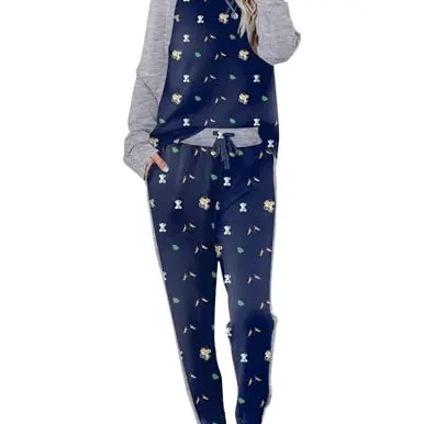 Ekouaer Damen Schlafanzug Langarm Pyjama Set Weich Bequem Nachtwäsche Teddybär Navyblau