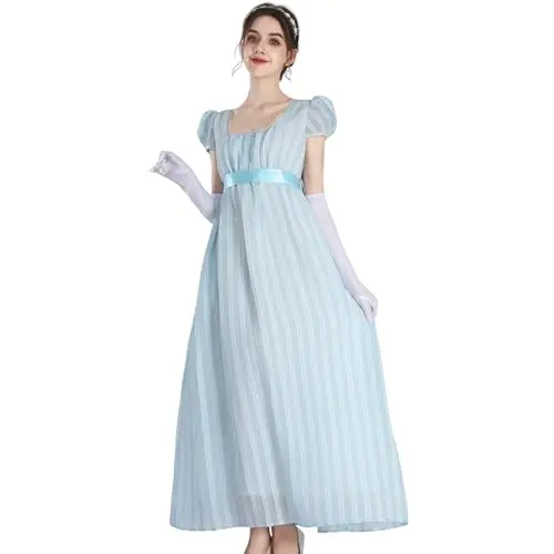ROLECOS Damen Regency Kleid - Vintage Ballkleid im Jane Austen Stil, Blau, mit Handschuhen