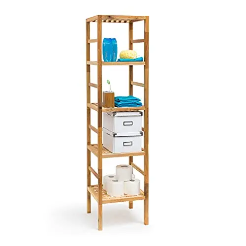 Relaxdays Badregal aus Walnuss - 3-5 Ablagen, skandinavischer Stil, Massivholz für Bad, Küche oder Flur, braun