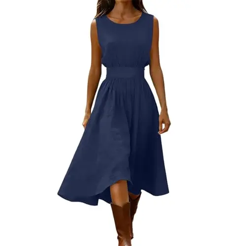 Damen Sommerkleid aus Baumwolle & Leinen, Ärmelloses Maxikleid, Strandkleid, Freizeitkleid, Dunkelblau, XL