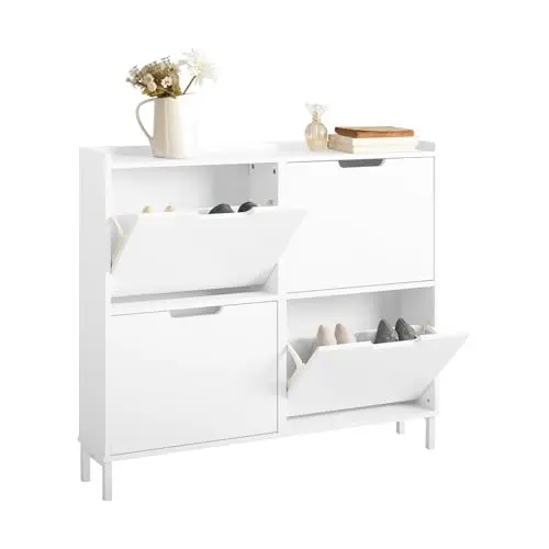 SoBuy Schuhschrank schmal mit 4 Klappen - Platzsparender Schuhkipper für Diele, Flur oder Garderobe - Weiß 100x91x19cm