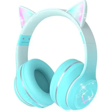 Xunpuls Kabellose Kinder Kopfhörer mit Katzenohren und Mikrofon, HD Sound für PC/Tablet, Faltbar, Verstellbar (grün)