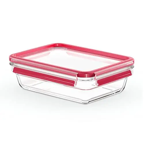 EMSA Clip & Close Glas Frischhaltedose, 1,1 L, dicht, rutschfest, spülmaschinen- und mikrowellenfest, Rot/Transparent