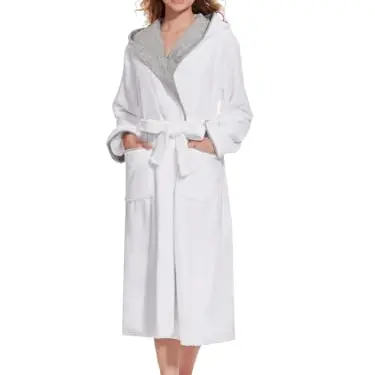 Ymmchy Damen Bademantel mit Kapuze Weiß, Flauschiger Fleece Morgenmantel, Warm und Lang, Größe L