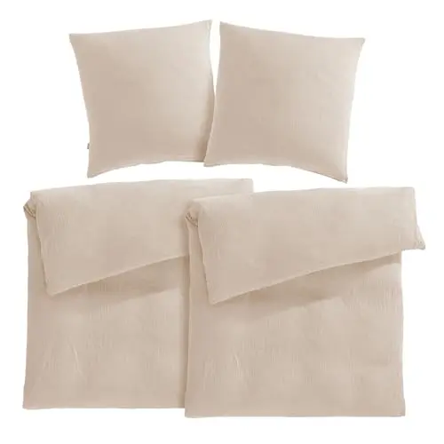 Pure Label Musselin Bettwäsche 4-tlg. 155x220 cm & Kissenbezüge 80x80 cm aus Baumwolle in Beige