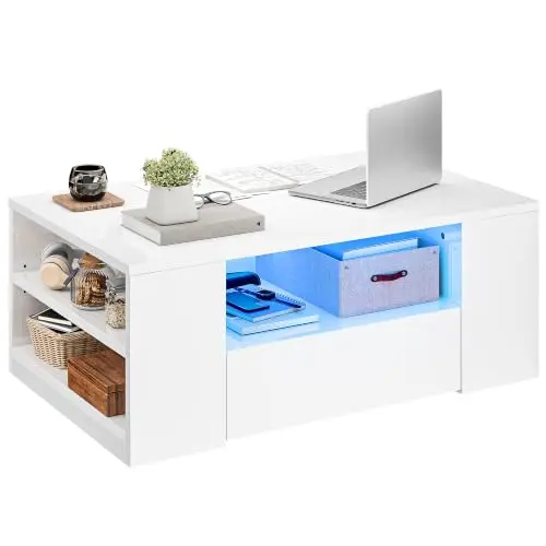 YITAHOME Couchtisch Weiß, Hochglanz mit 16-Farbiger LED, Beistelltisch mit Regal & 2 Schubladen, 95x55x37cm