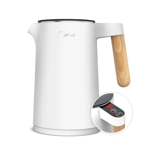 Midea Edelstahl Wasserkocher mit Temperatureinstellung, 45℃-100℃, 1,5L, 2200W, weiß, mit Temperaturanzeige und Sicherheitsfunktionen