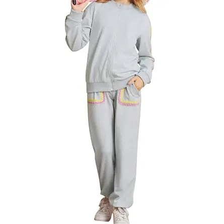 GRACE KARIN Mädchen Jogginganzug Sportanzug Oberteil + Hose Set Hellgrau 7 Jahre