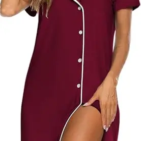 Ekouaer Damen Nachtwäsche Kurzarm V-Ausschnitt Schlafshirt Weinrot M